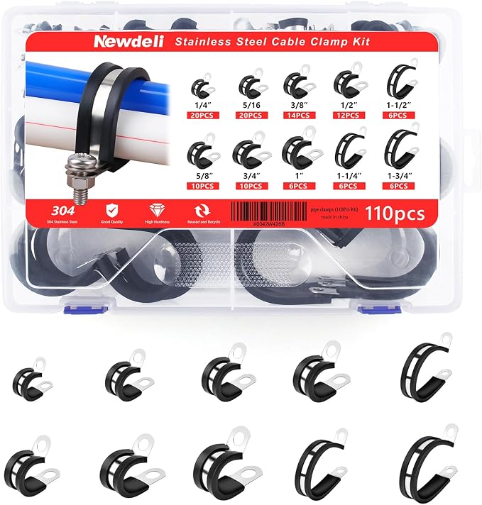 Newdeli 110Pcs Cable Clamps Assortment Kit 10 Sizes 1/4" 5/16" 3/8" 1/2" 5/8" 3/4" 1" 1-1/4" 1-1/2" 1-3/4" Stainless Steel Cable Clamp Rubber Cushioned Hose Clamp Insulated Automotive Wire Pipe Clamps