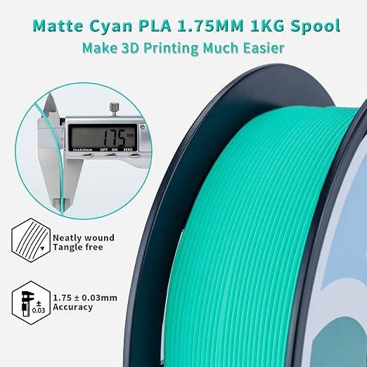 ZIRO Matte PLA Filament 1.75mm, Pure Color No-Shine 3D Printer Filament, High Toughness 3D Printing Material, Cyan (Matte)