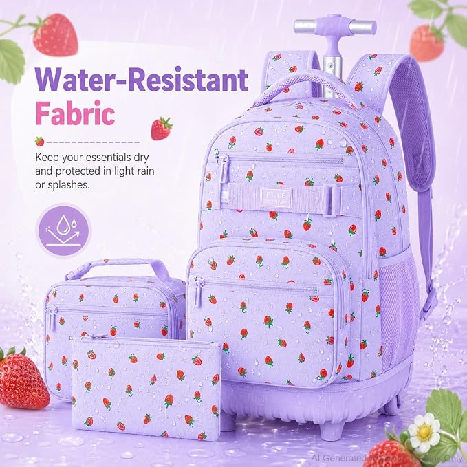 3Pcs Rolling Backpack for Girls Women, Travel Roller Backpacks with Wheels for Adults, Teens College Strawberry Wheeled Bookbag with Lunch Box (Purple)
