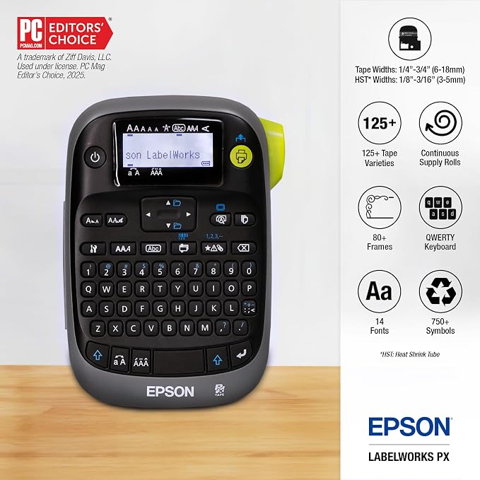 LABELWORKS Epson LW-PX300VP Industrial Label Maker Complete Kit - with Accessories, Sticker Labels, Magnetic Tape Compatible, Only Uses 203 & 205 Shrink Tube Tapes, Portable Handheld Printer