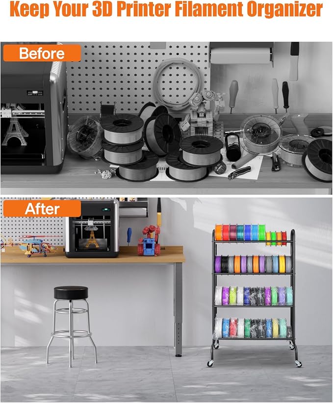 AHOWPD 3D Printer Filament Storage Rack - 4 Tier Heavy Duty Metal Shelf Filaments Spool Holder for PLA/ABS/TPU, Organized for 3D Printing Studio, Office Workshop