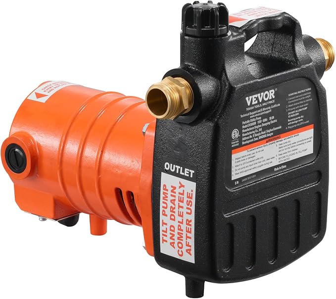 VEVOR Cast Iron Water Transfer Pump, 115V AC 1600 GPH 1/2HP, Portable Electric Utility Pump with Carbon Brush, Filter, Brass Connectors, for Garden, Rain Barrel, Pool, Pond, Hot Tub, Aquarium Draining