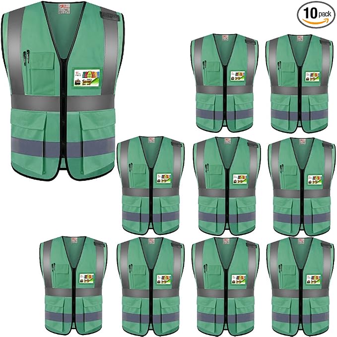 zojo High Visibility Safety Vests With Pockets, Wholesale Reflective Vest for Outdoor Works, Cycling, Jogging, Walking,Sports - Fits for Men and Women Pack of 10 (10, XXXL-Green)