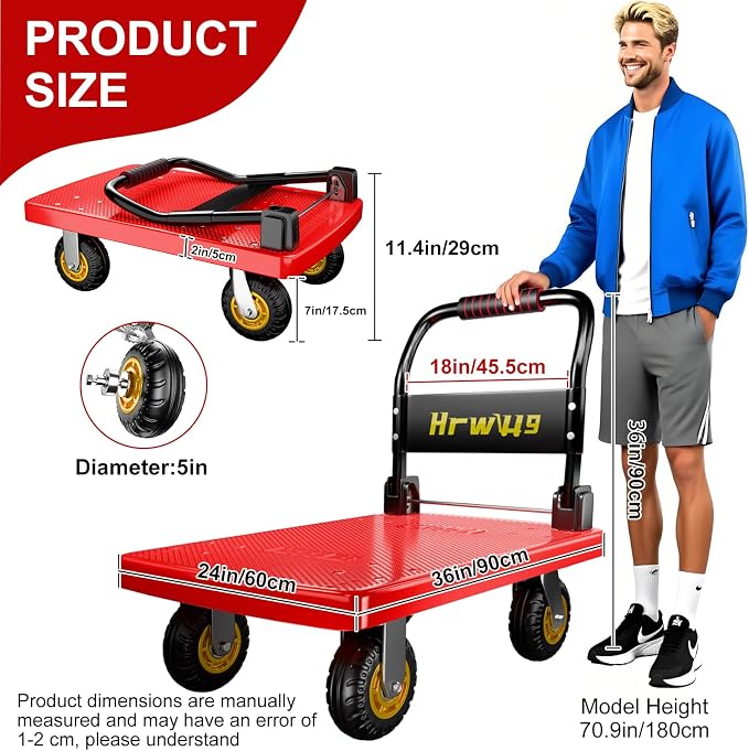 Hand Cart Dolly, Push Cart with 360 Swivel 5'' Wheels, 1200LBS Capacity, Dolly Cart with Wheels Warehouse Cart for Groceries, Garage, Warehouse - Red