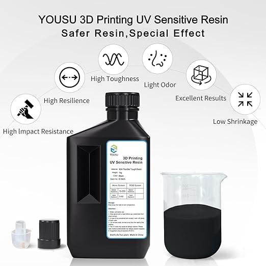 YOUSU Flexible Tough (Shore 80A) 3D Printer Resin, Soft Rubber/TPU Like 3D Printing Resin1, High Elongation 405nm Fast UV-Curing Photopolymer Resin for LCD Printer,Black 1000g