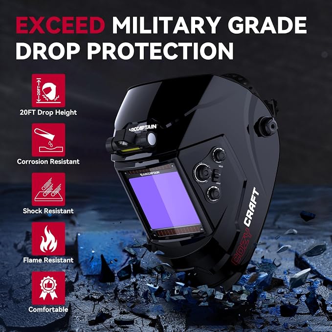 ARCCAPTAIN Large View 3.94" x 3.66" True Color Auto Darkening Welding Helmet with Light, Solar Powered Welding Hood, 4 Arc Sensor Wide Shade 4/5-9/9-13 for Stick MIG TIG Cut,Glossy Black