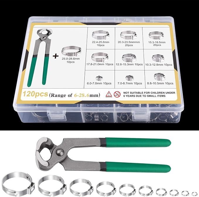 MIAHART 120Pcs Stainless Steel Single Ear Hose Clamps with Ear Clamp Pincer 10 Sizes 304 Stepless Crimp Clamps for Securing PEX Tubing Pipe Hose and Automotive Use with Storage Box 1/4 inch-1 1/8 inch
