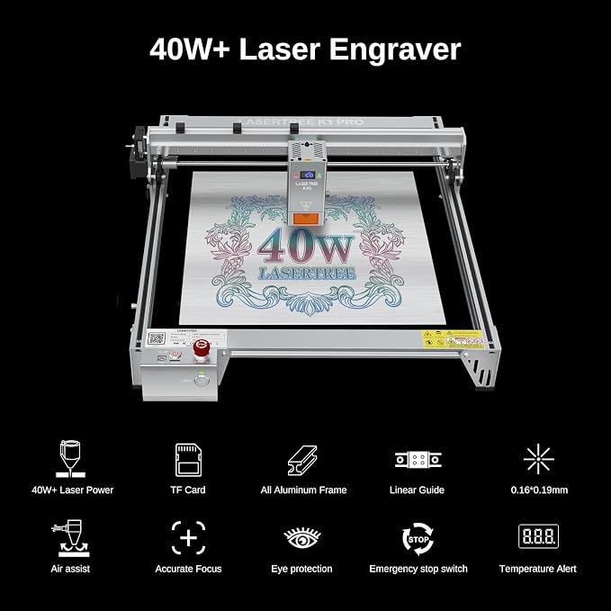LASER TREE Laser Engraver, 40000mW（40W）Output Power Laser Engraver Machine, High Precision Laser Cutter and Engraver for Wood & Metal Paper Acrylic Glass Leather etc, Class 4 (Basic)
