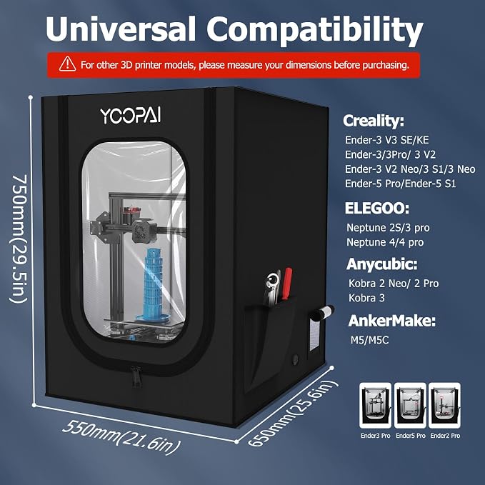 YOOPAI 3D Printer Enclosure, Dustproof Tent Constant Temperature Protective Cover for Creality Ender 3 V3 SE/KE/Ender 3/Ender 3 Pro/Ender 3V2/Ender 3 S1/ For Anycubic Elegoo Printers, 29.5×25.6×21.6"