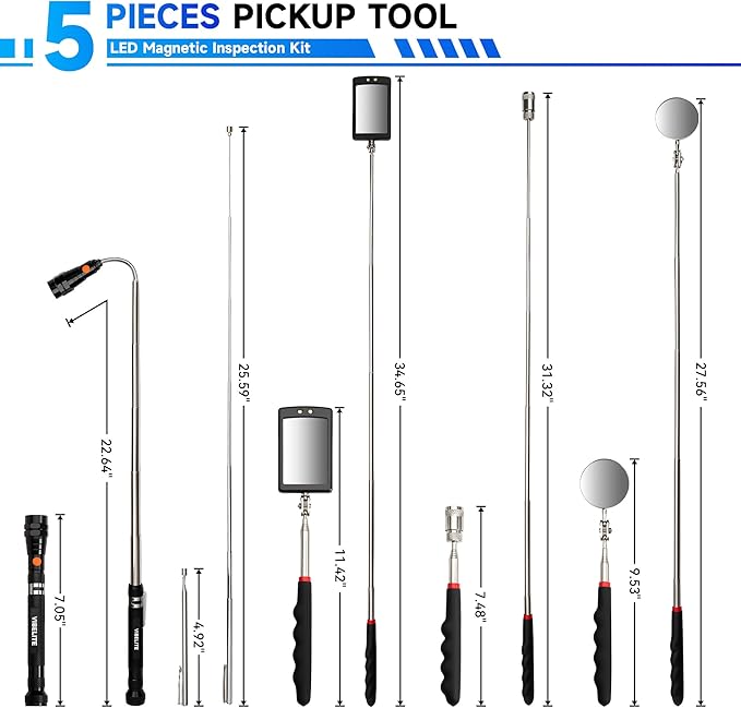 Fathers Day Dad Gifts, 5Pcs Telescoping Magnetic Pick Up Tool Set, with 1lb &15lb Pick-up Rod, 360° Square & Circle Swivel Adjustable Inspection Mirror and LED Flashlight, Birthday Gifts for Men, Dad