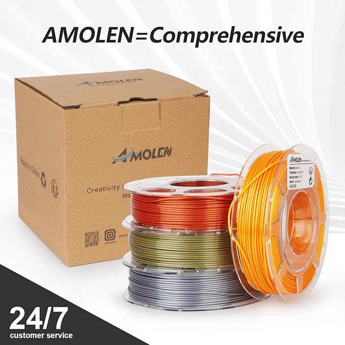 AMOLEN PLA 3D Printer Filament PLA Filament 1.75mm Silk Filament Bundle,Gold, Silver,Bronze, Red Copper,3D Printing Filament Bundle, 200gX 4 Spools