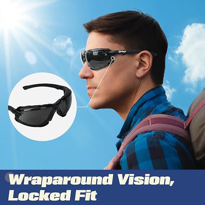 Flaya Adjustable Foam Lined Safety Glasses ANSI Z87.1 Anti-Fog Mowing Goggles for Men & Women, UV400 Protection with Strap