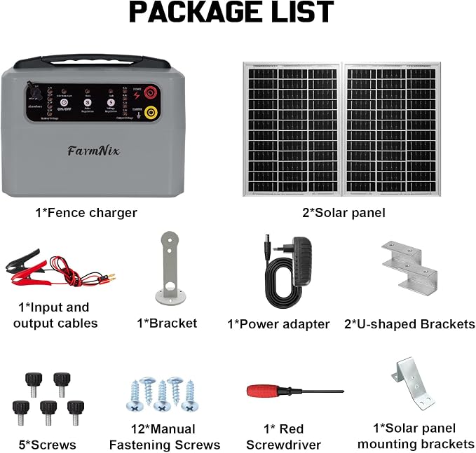 6-12KV Adjustable Output Solar Charger,30 Miles Solar Electric Fence Charger,1.5J Solar Fence Charger,15W Solar Powered Electric Fence Kit for Livestock,24H Uninterrupted Protection