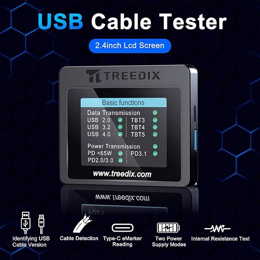 Treedix USB Cable Tester with 2.4" Color Screen for eMarker Reading, PD 3.0/3.1 Detection, Resistor and Continuity Check, Compatible with Lightning, Type-C, Micro-B 2.0/3.0, and Mini-B Cables