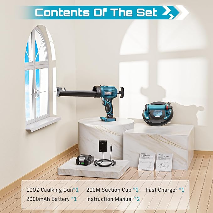 SEESII Electric Caulking Gun & Tile Suction Cup Combo – Cordless Caulk Gun with 1x 2000mAh Batteries + 200 kg Heavy-Duty Glass Suction Cup Lifter for DIY, Home Improvement & Construction