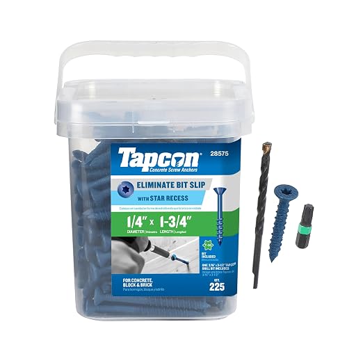 Tapcon 1/4 x 1-3/4 Inch Blue Climaseal® Star Head Concrete Anchors, 225 PCS, Corrosion Resistant Coating, Heavy-Duty Concrete and Masonry Screws, Superior Holding Strength, Drill & T-30 Bit Included