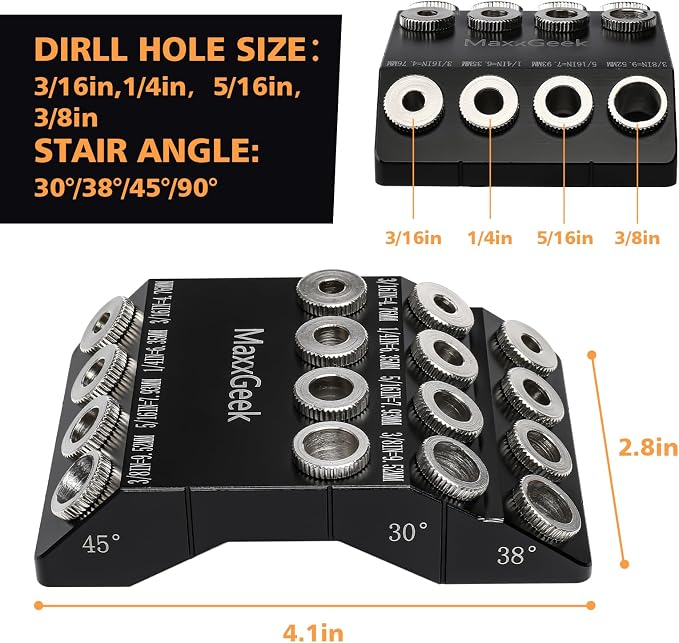MaxxGeek Drill Guide for 30 38 45 90 Degree Angled and Straight Holes, Added 38 Degree Portable Drill Guide for Deck Stair Handrail and Horizontal Cable Wood Post （without Drill Bit）