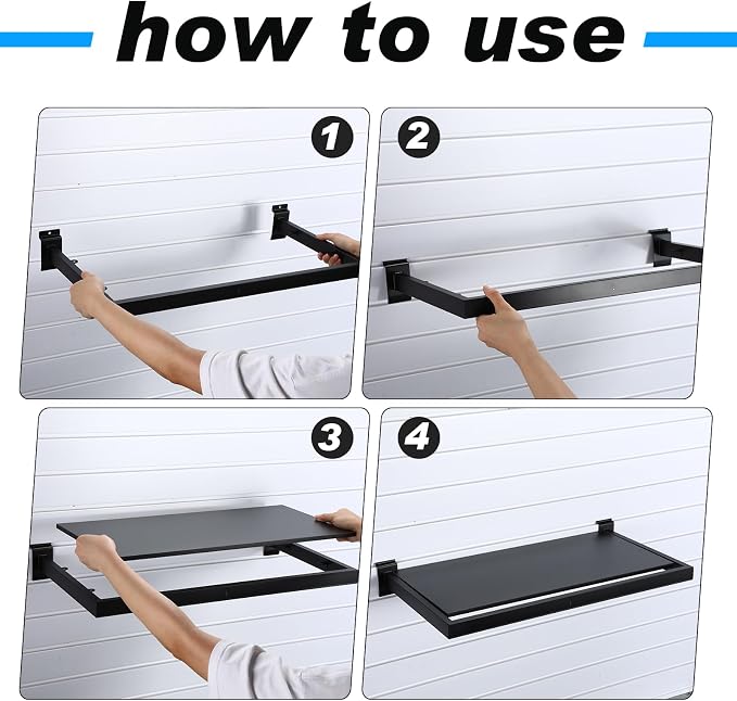 Blulu 2 Pack Slatwall Shelf, 23. 6x11. 8 Inch Wooden Wall Shelves with Metal Rectangular Tubing U Shaped Hanger Slatwall Shelving Organizer Accessories for Home Retail Display (Black)