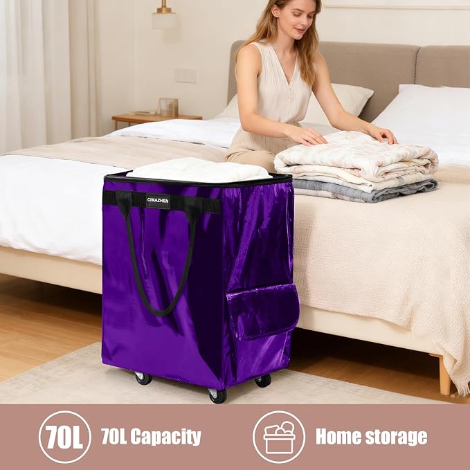 (Medium,Purple) Reusable Grocery Bag on 4 Wheels, 70L Foldable Rolling Tote Bag with 3 Handles and Zipper, Rolling Shopping Cart for Groceries, Storage, Laundry, Travel, Organizer, 76lb
