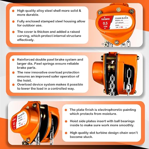 YATOINTO Chain Hoist 1/2 Ton (1100Lbs) Capacity 10FT, Manual Hand Lift Chain Block Hoist with 2 Heavy Duty Hooks, Industrial Grade Structures, Hand Chain Hoist for Garages Automotive Machinery