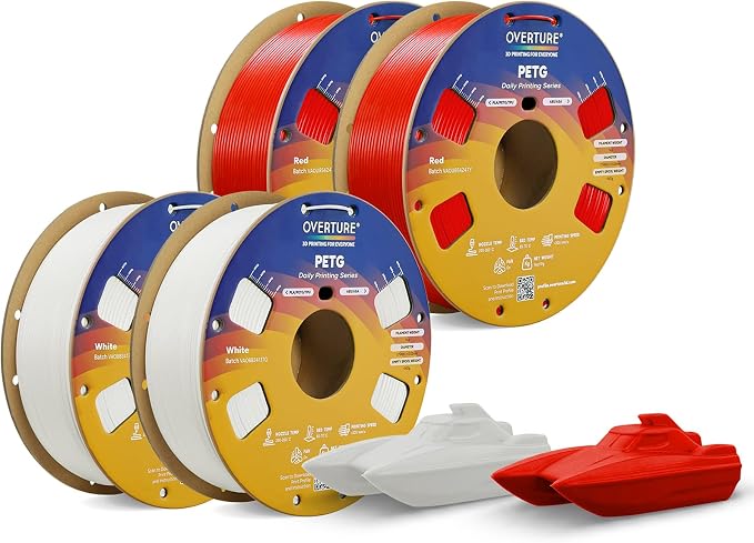 OVERTURE PETG Filament 1.75mm Bundle 4kg, High Speed 3D Printer Filament, Neatly Wound & Clog-Free, 4 Pack 1kg(2.2lbs), Accuracy +/- 0.02mm, Fit Most FDM Printers (White*2+Red*2)