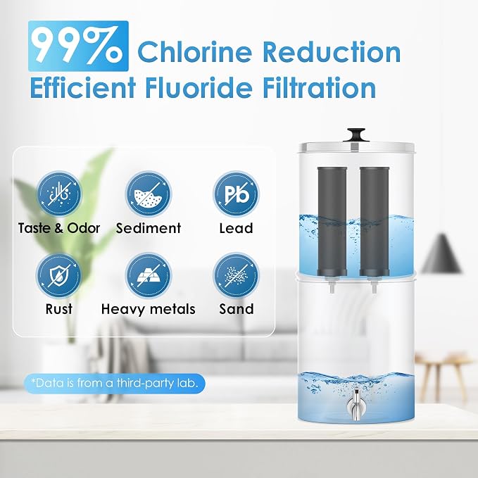 AQUA CREST TN-A Gravity Water Filter System, NSF/ANSI 42&372 Certified Black Carbon Filters, Reduce Lead and Chlorine, Stainless Steel Water System for Home, Camping, Emergencies, 2.25G