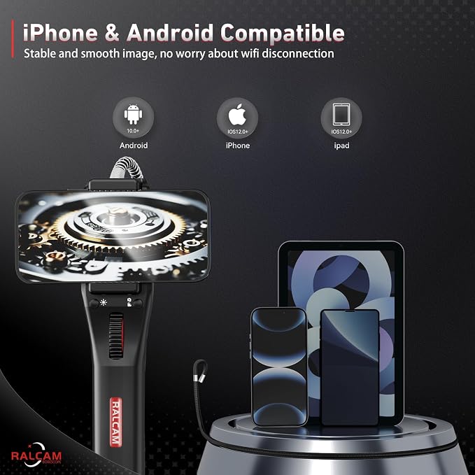 4-Way 360° Articulating Borescope 6.2mm + Endoscope Camera Compatible with iPhone & Android for Engine, Pipe & HVAC Inspection