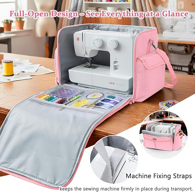 AMOIGEE Full-Open Sewing Machine Case with Wheels, Large Rolling Sewing Machine Bag with Detachable Foldable Dolly, Heavy-Duty Embroidery Tote for Brother Singer Janome Standard Machines Storage