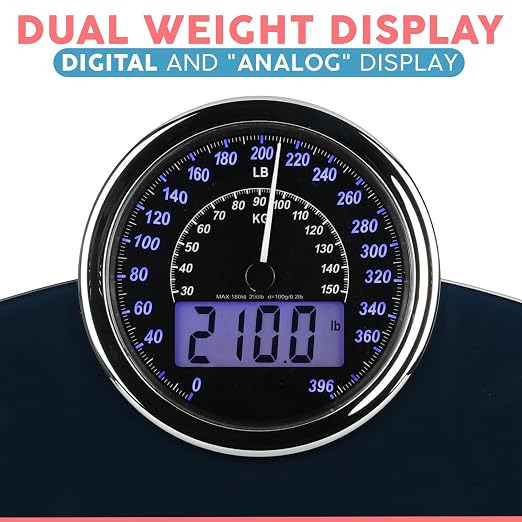 Hybrid Bathroom Scale - Analog & Digital Display, Accurate to 400 lbs | See weight on both an analog dial and digital LCD at once. Wide glass platform, accurate to 0.2 lbs, batteries included.