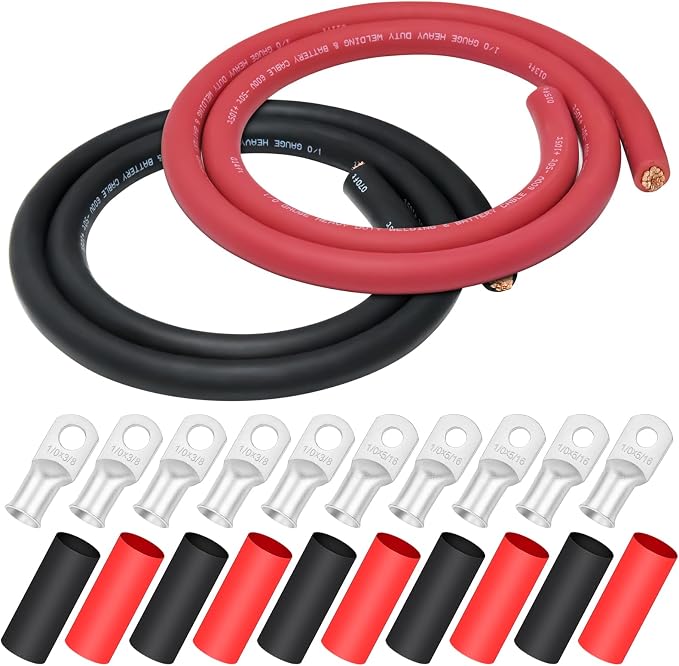 1/0 Gauge Welding Cable,iGreely 1/0 AWG Pure Copper Battery Welding Wires for Auto Solar Generator,5pcs of 5/16""& 5pcs 3/8"" Copper Lug Terminal Connector with Heat Shrink Tubing 5Ft Black+5Ft Red