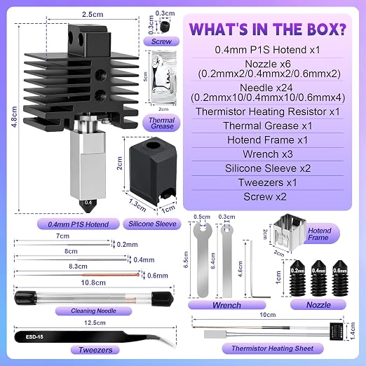 Hotend Kit for Bambu Lab P1P/P1S, 3D Printer Hot End Replacement with Hardened Steel Nozzle 0.2/0.4/0.6mm, High Speed & Temperature Extruder Heating Block Hot End for Bambu Lab P1P/P1S 3D Printers