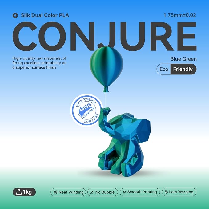 Chitu Systems Conjure Silk Dual Color PLA 3D Printer Filament, Christmas Green Blue PLA, Reusable Spool Compatible with Bambulab Refill Filament, 1.75mm Dual Color Filament 1KG/2.2lb