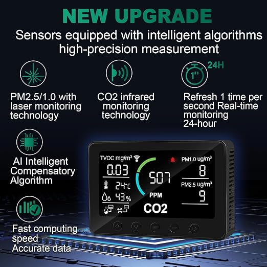 12 in 1 Air Quality Monitor Indoor, with WiFi and APP,Air Quality Tester for Home,Air Quality Meters for CO2,TVOC,PM1.0,PM2.5,AQI,Temperature and Humidity,Detector for Home,Office (Black)