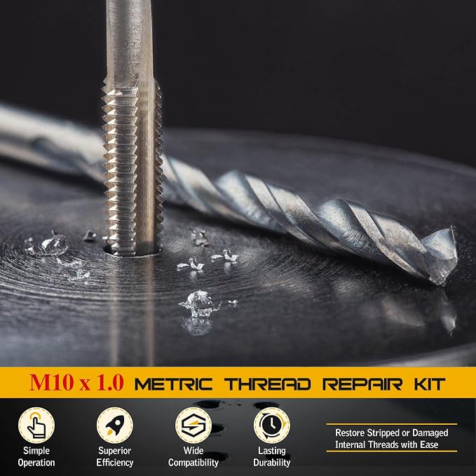 M10 x 1.0 Thread Repair Kit, Metric Helicoil Thread Repair Kit with HSS Drill and Stainless Inserts for All Metals, Composites, Polymers and Other Materials