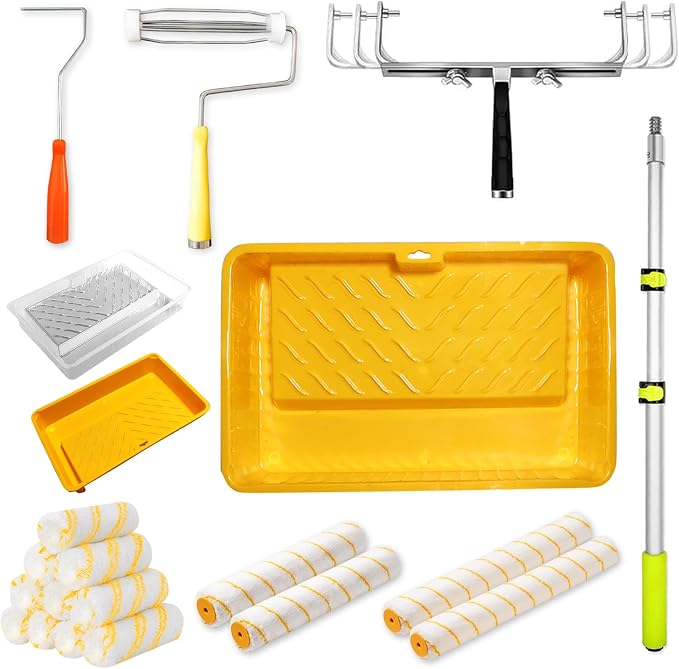 18 inch Paint Roller Kit, 22 PCS Large Paint Roller Tray with Liner, 18 inch Rollers for Painting, Rollers and Frame, 4 FT Extension Pole, Suitable for DIY Interior Walls, Rooms