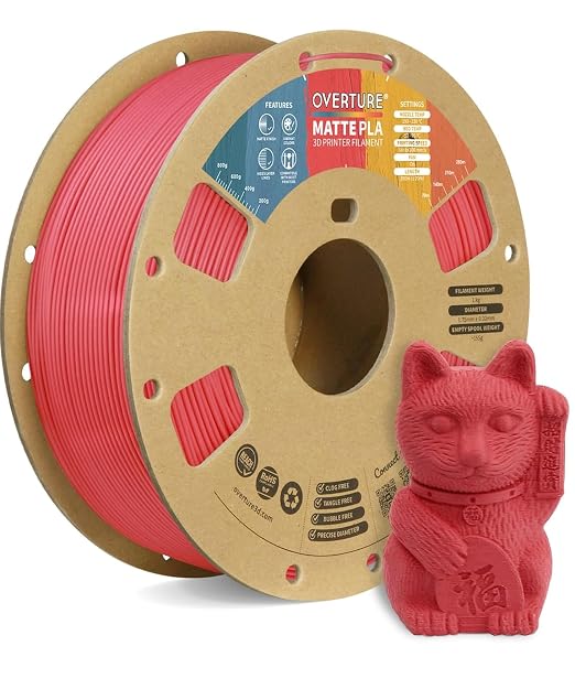 OVERTURE Matte PLA 1.75mm, Low Warp & Smooth Finish 3D Printer Filament | Frosted Matt Finish Hides Layer Lines, 1kg Spool (2.2lbs) Cardboard Spool, Fit Most FDM Printer (Matte Pastel Red)