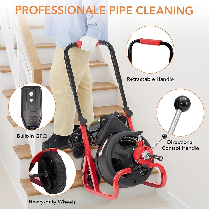 Drain Cleaner Machine, 100 ft X 3/8 in Drain Auge, Auto-feed Professional 6.8A Electric Drain Auger, Air-Activated Foot Switch, w/ 6 Cutters, Gloves, Cleaner Sewer Snake