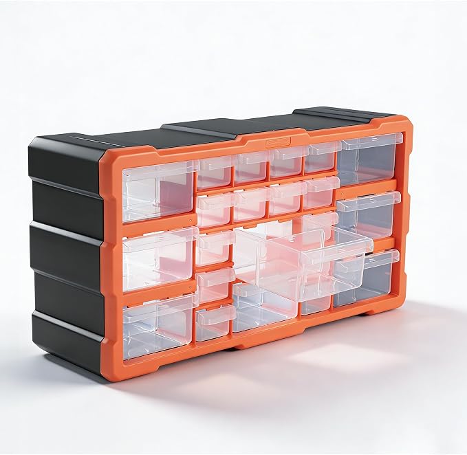 PurKeep 22 Compartment Plastic Tool Storage Box, Orange Hardware Organizer with Clear Drawers, Stackable Wall Mount Cabinet for Screws, Bolts, Craft Supplies, Garage Organization