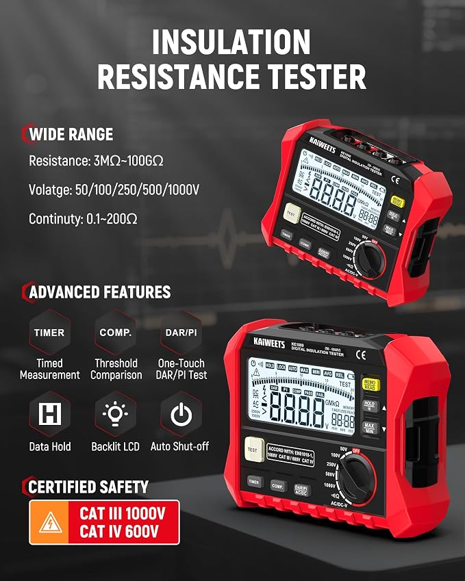 KAIWEETS Megohmmeter, Insulation Resistance Tester, Up to 100GΩ, 50V/100V/250V/500V/1000V, One-Touch DAR/PI, with AC/DC Voltage Testing for Motors, Solar, HVAC