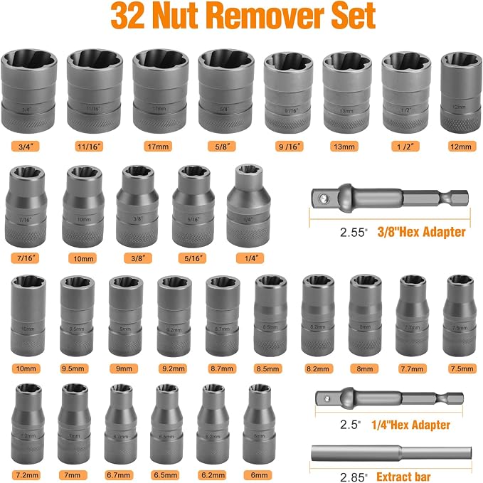 Eapele Bolt Extractor Set, Stripped Nut Remover Twist Sockets, Fit 3/8" Square Drive with Solid Storage Case (32pcs, Black)