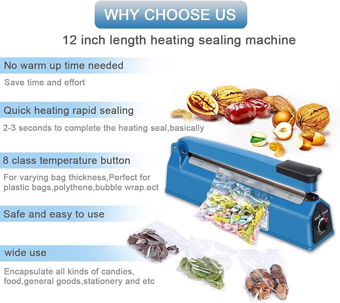 12 Inch Impulse Heat Sealer Machine, Cookie Bag Sealer for Plastic Mylar PE PP Bags and Kraft Paper Bags, Manual Poly Bag Hot Seal Sealing Machine with Extra Replace Element Grip