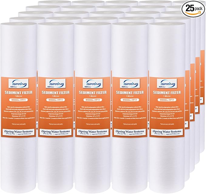 iSpring 10"x2.5" Multi-Layer PP FP11X25 Universal Sediment Filter Cartridges 1 Micron 25-Pack White