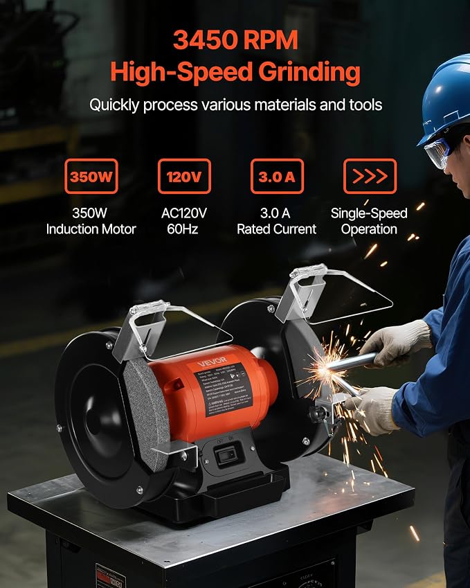 VEVOR Bench Grinder, 8-inch Single Speed Bench Grinder, 3450RPM High-Speed Table Grinders with 350W 3.0A Induction Motor, 36/60-Grit Grinding Wheel & Adjustable Eye Shield for Fast Sharpening Grinding
