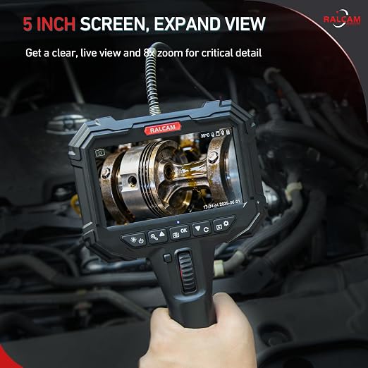 RALCAM Two-Way Articulating Borescope, 5" Industrial Endoscope Camera with Light, 0.24in/6.2mm Slim Probe, 5FT Semi-Rigid Video Inspection for Automotive Engine, HVAC, Mechanical, Wall
