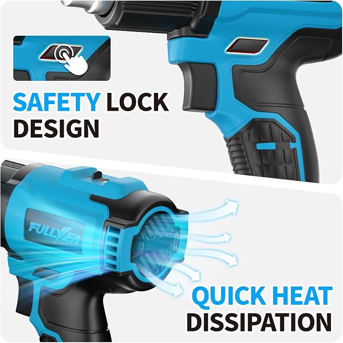 FULLYEA Heat Gun Cordless, Max 1022°F (550°C), Hot Air Gun Kit with 2x4.0Ah Batteries & 5 Nozzles, Lightweight Portable, Battery Heat Gun for Shrink Tubing, PVC Wrap, DIY Craft (Blue)