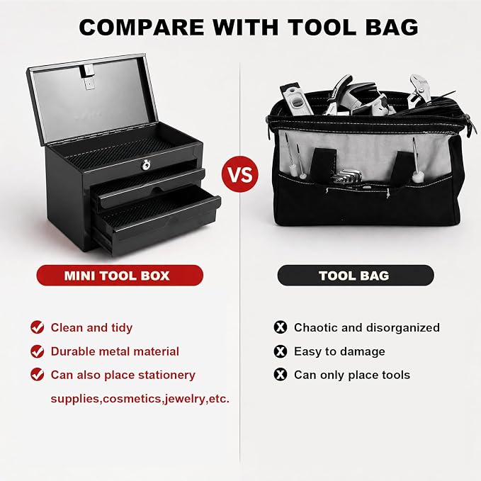 BIG RED Mini Steel Tool Box with Drawer, Small Metal Tool Box Organizer | Lockable Top Storage, Multi-Purpose Portable Tool Box Organize for Desk, Home, Garage, desk or Workbench, Black