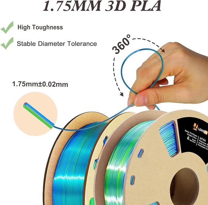 LOVOON Silk PLA 3D Printer Filament Bundle 2 KG, PLA Filament 1.75mm, Shiny Silk Tri Color Blue/Green/Red and Orange/Green/Blue, Color Change by Angle 3D Printer PLA Filaments, 1KG X 2 Spools