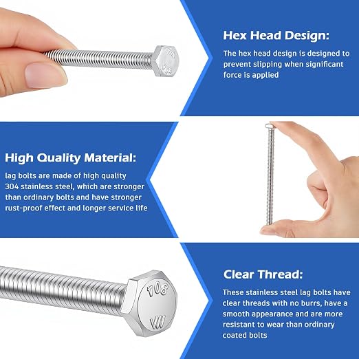 Zonon 50 Pcs 5/16-18 x 3" Hex Head Screw Bolt 18-8 (304) Stainless Steel Hexagon Bolts, Fully Threaded, Plain Finish, External Hex Drive (Silver)