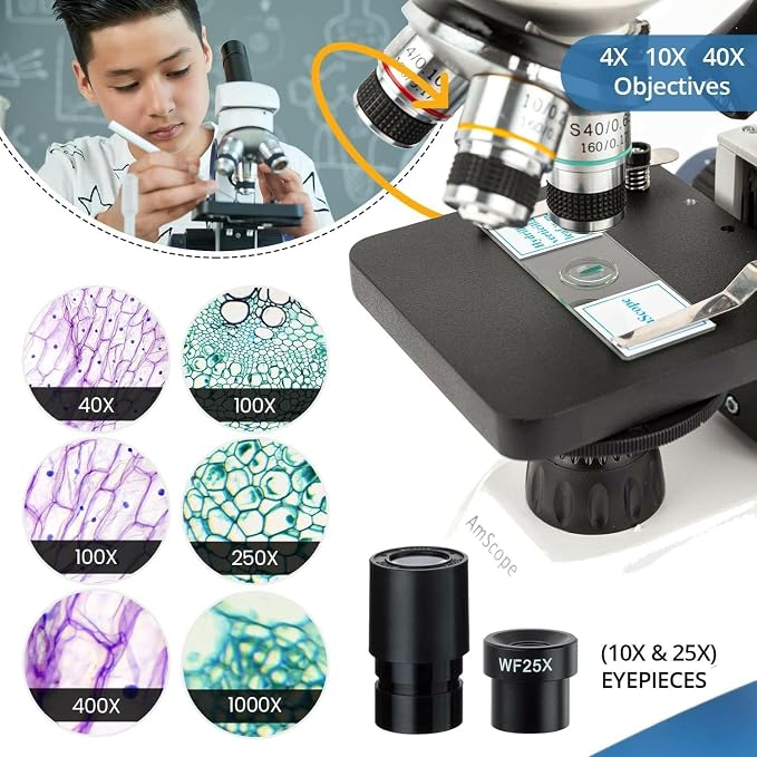 AmScope M158C-2L-E1 Digital Cordless Compound Monocular Microscope, WF10x and WF25x Eyepieces, 40x-1000x Magnification, Upper and Lower LED Illumination with Rheostat, Brightfield, Single-Lens Condenser, Coaxial Coarse and Fine Focus, Plain Stage, 110V...