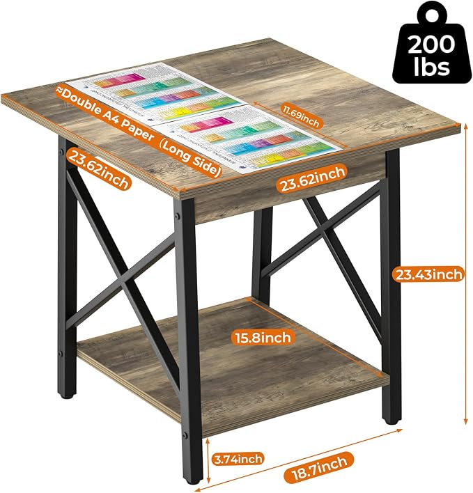 GreenForest Square End Table 24 Inch with X-Frame 2-Tier Storage | Nightstand for Living Room & Bedroom, Rustic Decor, Sturdy, Waterproof Scratchproof Top, Easy Assembly, Gray Wash